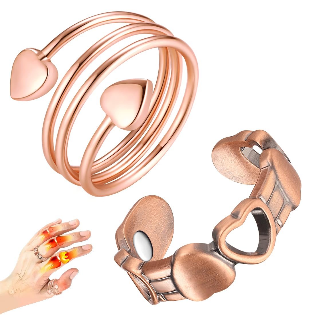 Vicmag 2er-Pack Magnetische Kupferringe für Damen und Herren – 99,99 % reine Kupferringe mit 9-fach Magneten, verstellbar (Herz & Liebe)