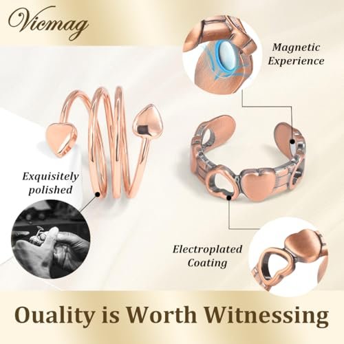 Vicmag 2er-Pack Magnetische Kupferringe für Damen und Herren – 99,99 % reine Kupferringe mit 9-fach Magneten, verstellbar (Herz & Liebe)