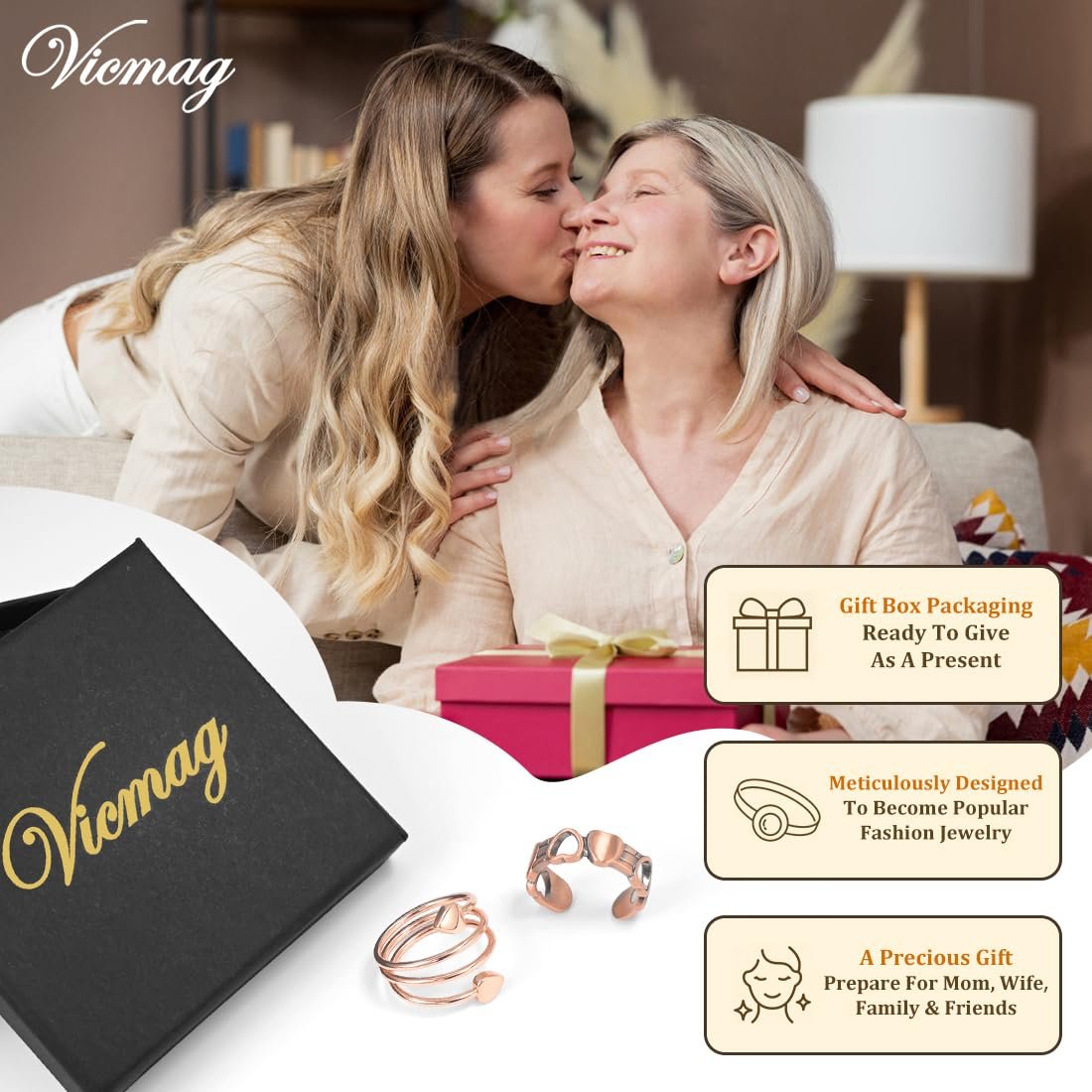 Vicmag 2er-Pack Magnetische Kupferringe für Damen und Herren – 99,99 % reine Kupferringe mit 9-fach Magneten, verstellbar (Herz & Liebe)