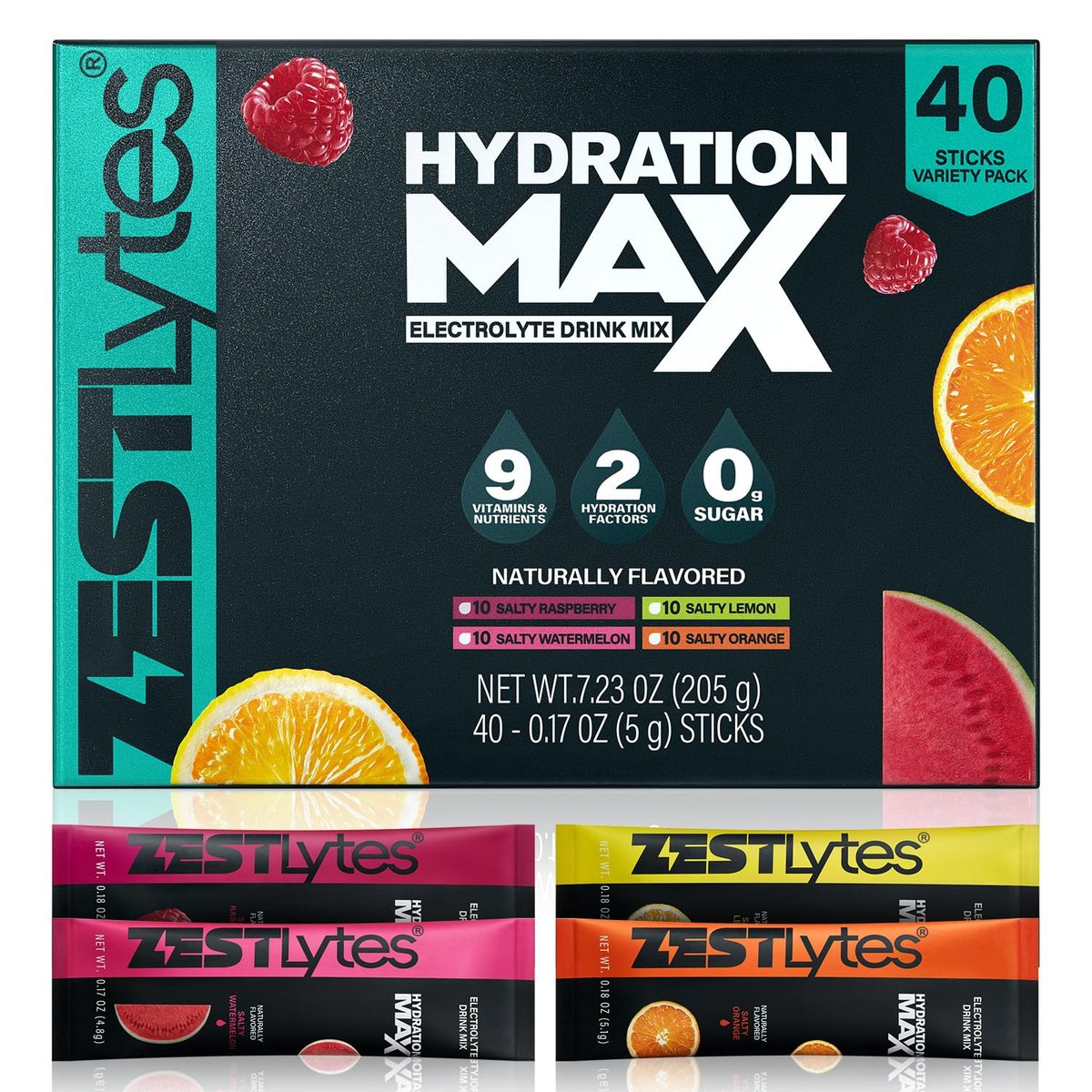 ZestLytes 40 Sticks Sport Hydration – Zuckerfreie Elektrolyt-Päckchen mit hohem Natriumgehalt, Elektrolyt-Pulver-Mix, Geschmacksrichtungen Salty Watermelon, Raspberry, Lemon, Orange