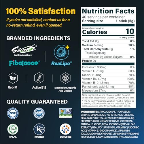 ZestLytes 40 Sticks Sport Hydration – Zuckerfreie Elektrolyt-Päckchen mit hohem Natriumgehalt, Elektrolyt-Pulver-Mix, Geschmacksrichtungen Salty Watermelon, Raspberry, Lemon, Orange