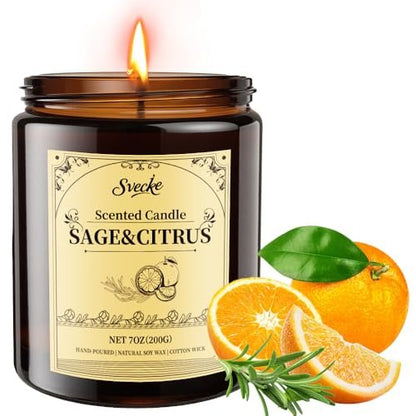 SVECKE Salbei & Zitrone Duftkerze, 200g Sojawachs-Kerze, langanhaltende Aromatherapie-Glas-Kerze für Zuhause, Geschenk für Damen und Herren