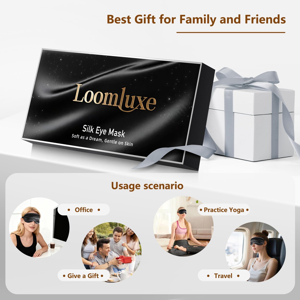 Loomluxe Schlafmaske aus Seide – Adjustierbare Augenmaske für Männer und Frauen, Weich & Bequem für Nachtruhe (Schwarz)