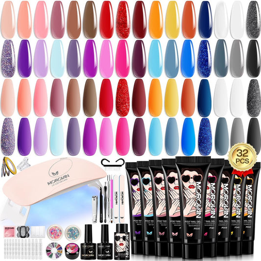 Poly Gel Nagelset für Anfänger: 32 Farben Gelverlängerungsset mit UV-Licht für DIY Nagelkunst zu Hause – Geschenk für Damen & Mädchen