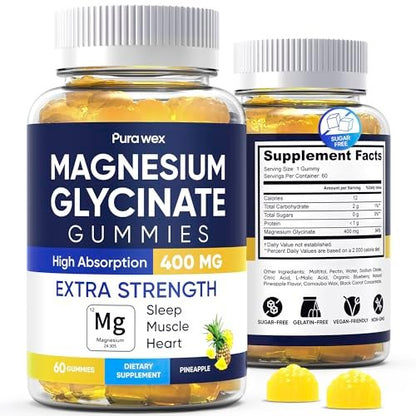 Magnesiumglycinat Gummies 400mg – Hochdosiertes Magnesium Supplement für Frauen, Männer und Kinder, Zuckerfrei, Vegan, 60 Tage Vorrat