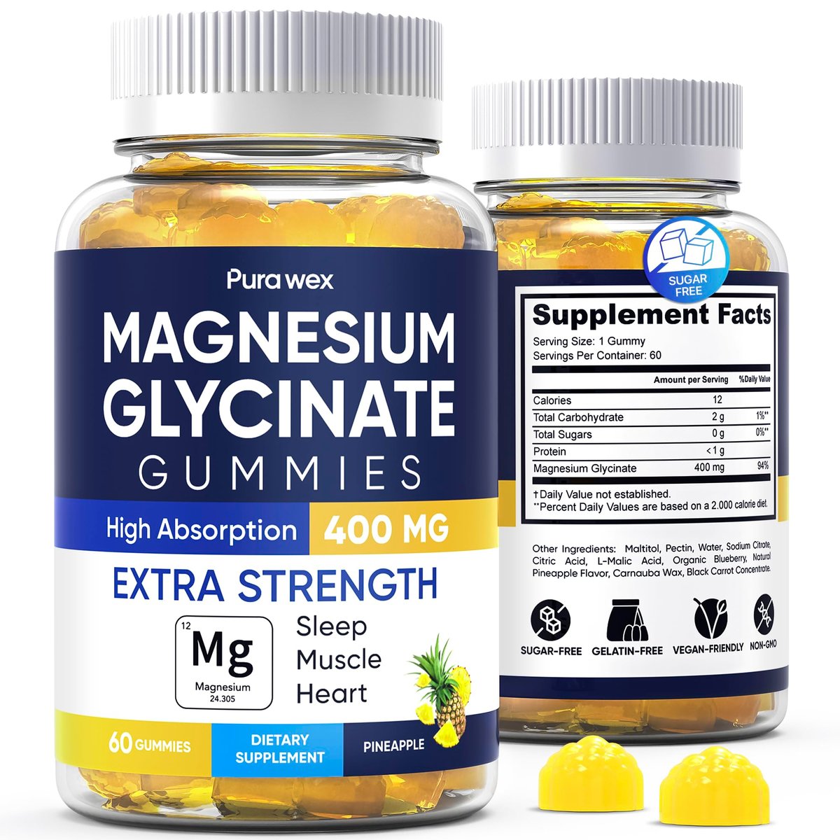 Magnesiumglycinat Gummies 400mg – Hochdosiertes Magnesium Supplement für Frauen, Männer und Kinder, Zuckerfrei, Vegan, 60 Tage Vorrat