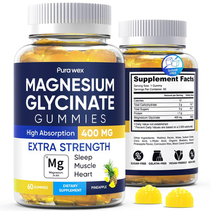 Magnesiumglycinat Gummies 400mg – Hochdosiertes Magnesium Supplement für Frauen, Männer und Kinder, Zuckerfrei, Vegan, 60 Tage Vorrat