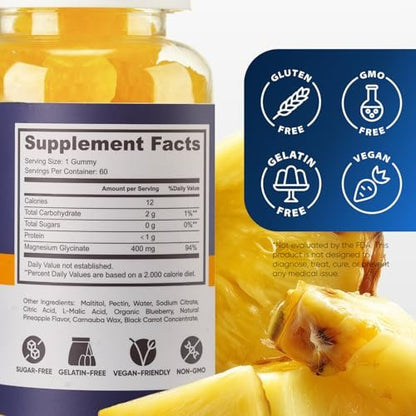 Magnesiumglycinat Gummies 400mg – Hochdosiertes Magnesium Supplement für Frauen, Männer und Kinder, Zuckerfrei, Vegan, 60 Tage Vorrat