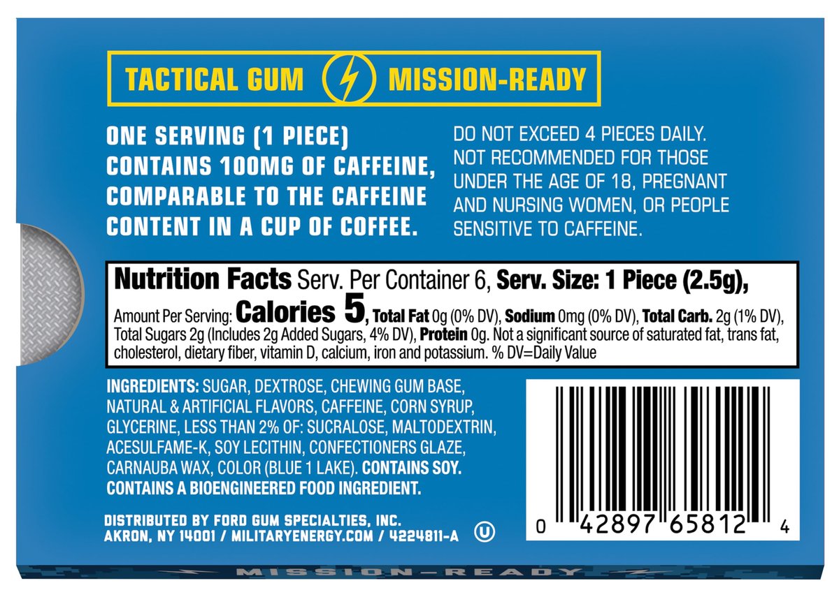 MEG Military Energy Gum Arctic Mint – Koffeinkaugummi mit 100 mg Koffein pro Stück – 12er-Pack (je 5 Stück)