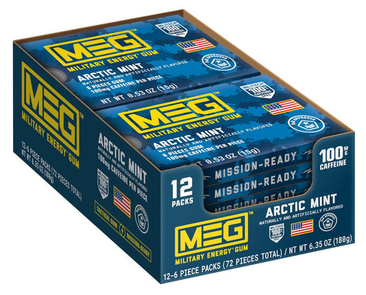MEG Military Energy Gum Arctic Mint – Koffeinkaugummi mit 100 mg Koffein pro Stück – 12er-Pack (je 5 Stück)