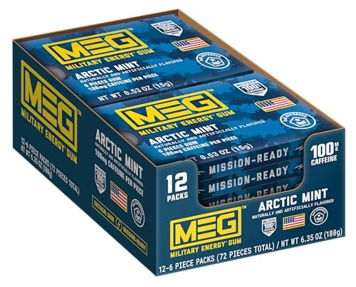 MEG Military Energy Gum Arctic Mint – Koffeinkaugummi mit 100 mg Koffein pro Stück – 12er-Pack (je 5 Stück)