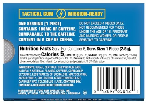 MEG Military Energy Gum Arctic Mint – Koffeinkaugummi mit 100 mg Koffein pro Stück – 12er-Pack (je 5 Stück)