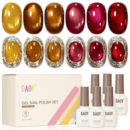 GAOY Glitzer Katzenaugen Gel-Nagellack Set mit Magnet, 6 Farben Gold Rot Braun Glitzer Gel Holographie, Lang anhaltend für Nagelkunst zu Hause & Salon Maniküre