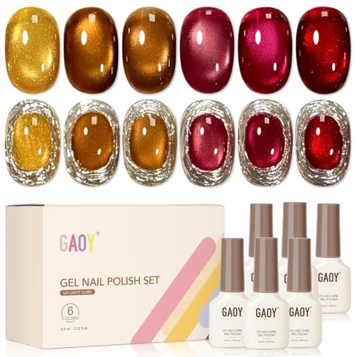GAOY Glitzer Katzenaugen Gel-Nagellack Set mit Magnet, 6 Farben Gold Rot Braun Glitzer Gel Holographie, Lang anhaltend für Nagelkunst zu Hause & Salon Maniküre