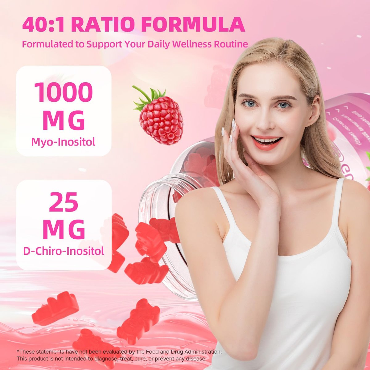 Mchokuu Myo-Inositol & D-Chiro Inositol Gummis, Ideales 40:1 Verhältnis für Frauen, mit Vitamin D3 & B12 zur Unterstützung des Hormonhaushalts und Wohlbefindens, Zuckerfrei, Himbeere, 60 Stück