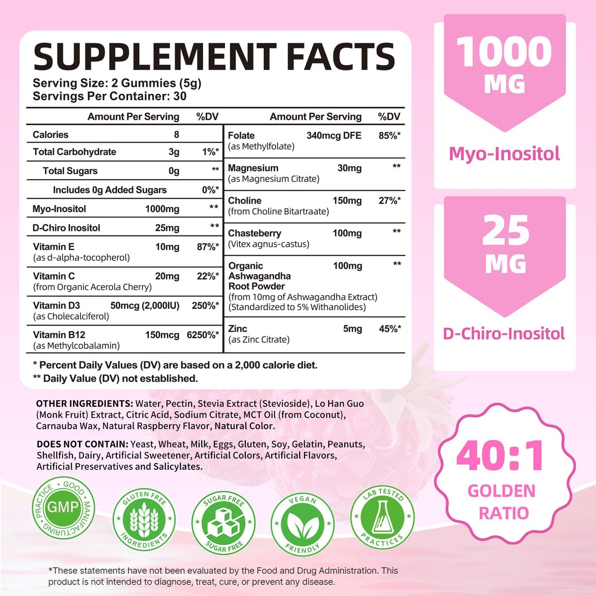 Mchokuu Myo-Inositol & D-Chiro Inositol Gummis, Ideales 40:1 Verhältnis für Frauen, mit Vitamin D3 & B12 zur Unterstützung des Hormonhaushalts und Wohlbefindens, Zuckerfrei, Himbeere, 60 Stück