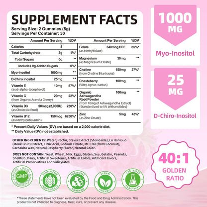 Mchokuu Myo-Inositol & D-Chiro Inositol Gummis, Ideales 40:1 Verhältnis für Frauen, mit Vitamin D3 & B12 zur Unterstützung des Hormonhaushalts und Wohlbefindens, Zuckerfrei, Himbeere, 60 Stück