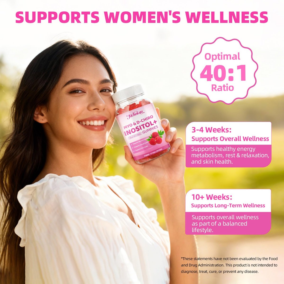 Mchokuu Myo-Inositol & D-Chiro Inositol Gummis, Ideales 40:1 Verhältnis für Frauen, mit Vitamin D3 & B12 zur Unterstützung des Hormonhaushalts und Wohlbefindens, Zuckerfrei, Himbeere, 60 Stück