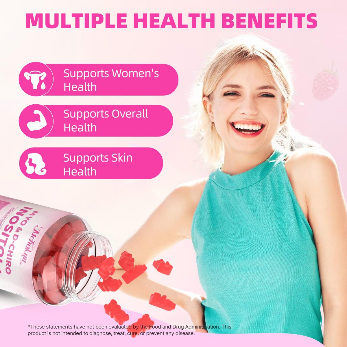 Mchokuu Myo-Inositol & D-Chiro Inositol Gummis, Ideales 40:1 Verhältnis für Frauen, mit Vitamin D3 & B12 zur Unterstützung des Hormonhaushalts und Wohlbefindens, Zuckerfrei, Himbeere, 60 Stück