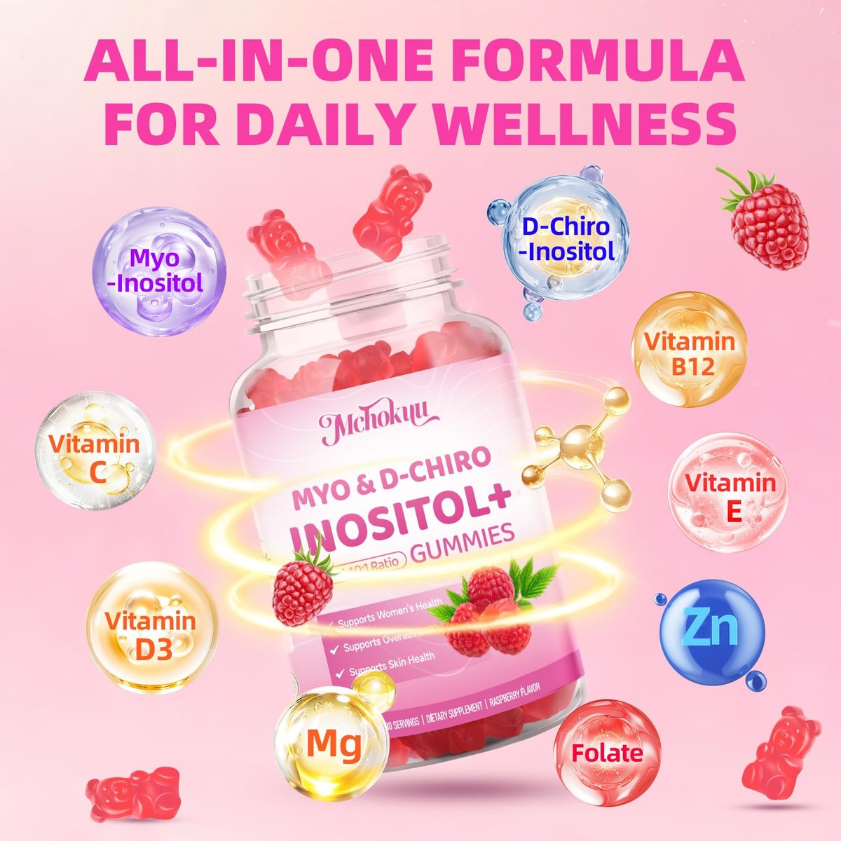 Mchokuu Myo-Inositol & D-Chiro Inositol Gummis, Ideales 40:1 Verhältnis für Frauen, mit Vitamin D3 & B12 zur Unterstützung des Hormonhaushalts und Wohlbefindens, Zuckerfrei, Himbeere, 60 Stück