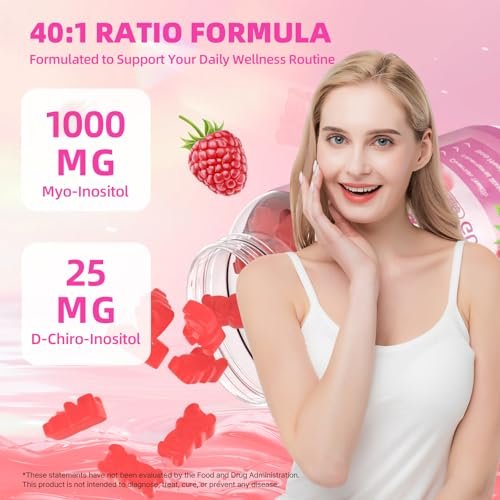 Mchokuu Myo-Inositol & D-Chiro Inositol Gummis, Ideales 40:1 Verhältnis für Frauen, mit Vitamin D3 & B12 zur Unterstützung des Hormonhaushalts und Wohlbefindens, Zuckerfrei, Himbeere, 60 Stück