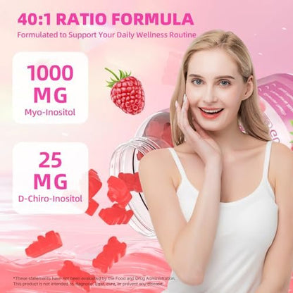 Mchokuu Myo-Inositol & D-Chiro Inositol Gummis, Ideales 40:1 Verhältnis für Frauen, mit Vitamin D3 & B12 zur Unterstützung des Hormonhaushalts und Wohlbefindens, Zuckerfrei, Himbeere, 60 Stück