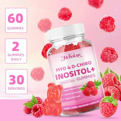 Mchokuu Myo-Inositol & D-Chiro Inositol Gummis, Ideales 40:1 Verhältnis für Frauen, mit Vitamin D3 & B12 zur Unterstützung des Hormonhaushalts und Wohlbefindens, Zuckerfrei, Himbeere, 60 Stück