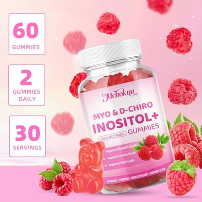 Mchokuu Myo-Inositol & D-Chiro Inositol Gummis, Ideales 40:1 Verhältnis für Frauen, mit Vitamin D3 & B12 zur Unterstützung des Hormonhaushalts und Wohlbefindens, Zuckerfrei, Himbeere, 60 Stück