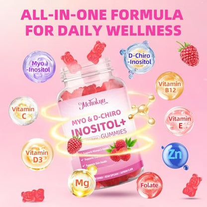 Mchokuu Myo-Inositol & D-Chiro Inositol Gummis, Ideales 40:1 Verhältnis für Frauen, mit Vitamin D3 & B12 zur Unterstützung des Hormonhaushalts und Wohlbefindens, Zuckerfrei, Himbeere, 60 Stück
