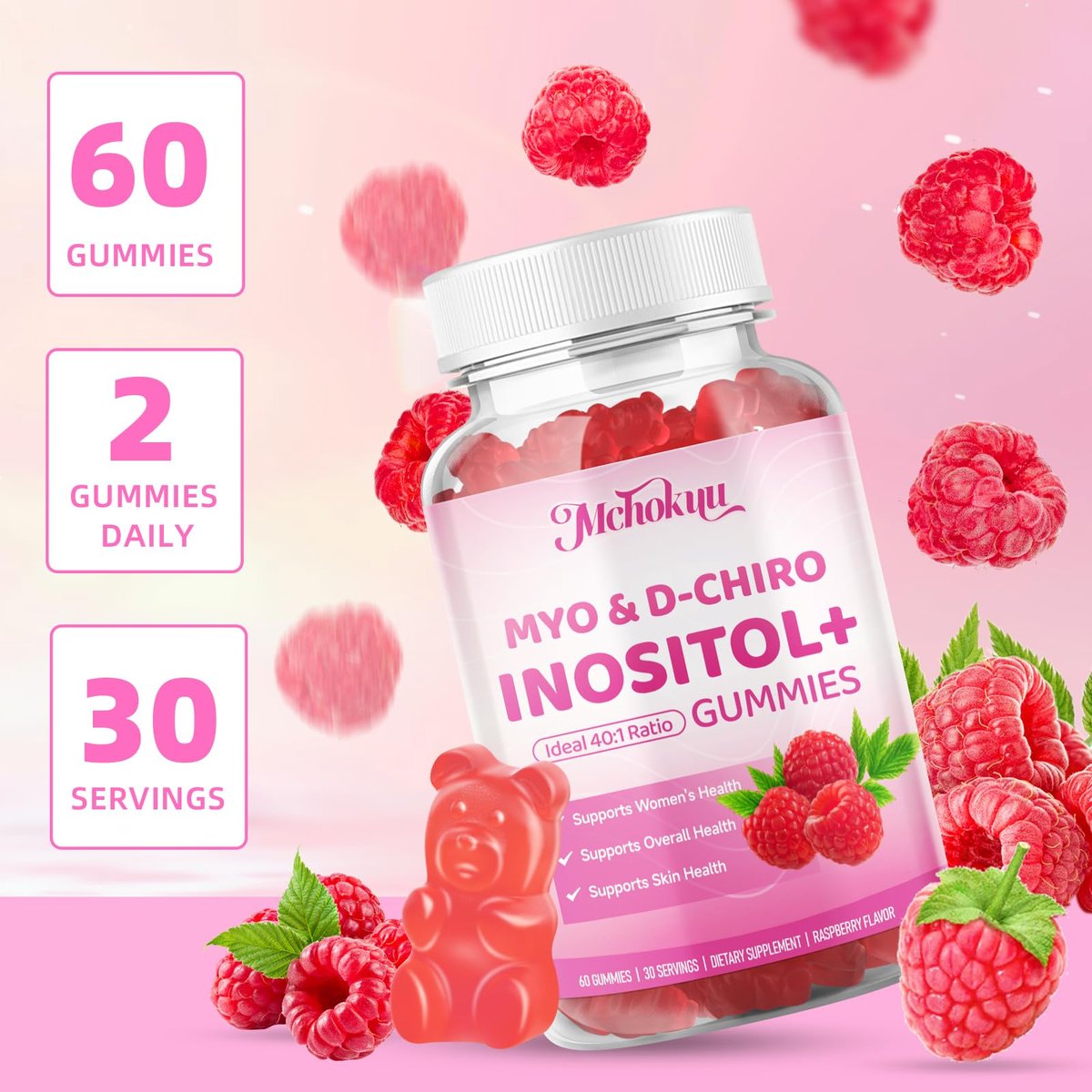 Mchokuu Myo-Inositol & D-Chiro Inositol Gummis, Ideales 40:1 Verhältnis für Frauen, mit Vitamin D3 & B12 zur Unterstützung des Hormonhaushalts und Wohlbefindens, Zuckerfrei, Himbeere, 60 Stück
