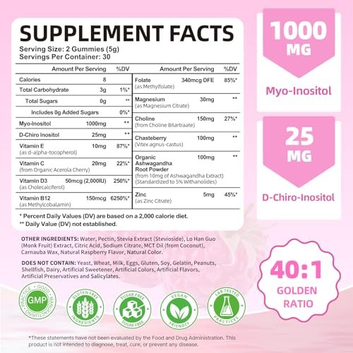 Mchokuu Myo-Inositol & D-Chiro Inositol Gummis, Ideales 40:1 Verhältnis für Frauen, mit Vitamin D3 & B12 zur Unterstützung des Hormonhaushalts und Wohlbefindens, Zuckerfrei, Himbeere, 60 Stück