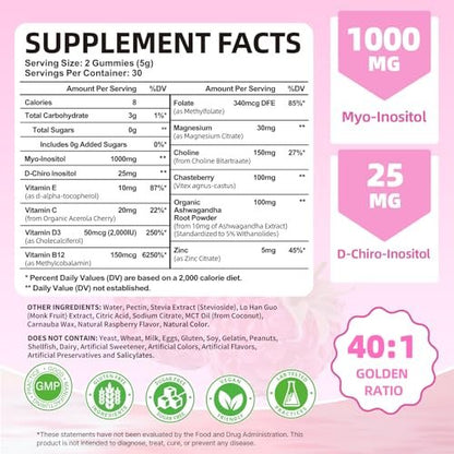 Mchokuu Myo-Inositol & D-Chiro Inositol Gummis, Ideales 40:1 Verhältnis für Frauen, mit Vitamin D3 & B12 zur Unterstützung des Hormonhaushalts und Wohlbefindens, Zuckerfrei, Himbeere, 60 Stück