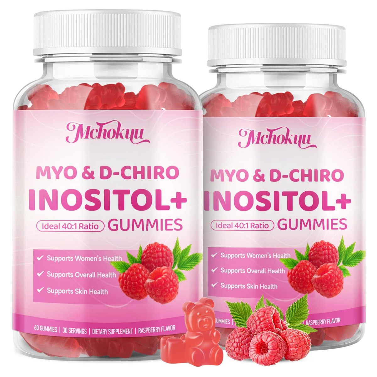 Mchokuu Myo-Inositol & D-Chiro Inositol Gummis, Ideales 40:1 Verhältnis für Frauen, mit Vitamin D3 & B12 zur Unterstützung des Hormonhaushalts und Wohlbefindens, Zuckerfrei, Himbeere, 60 Stück