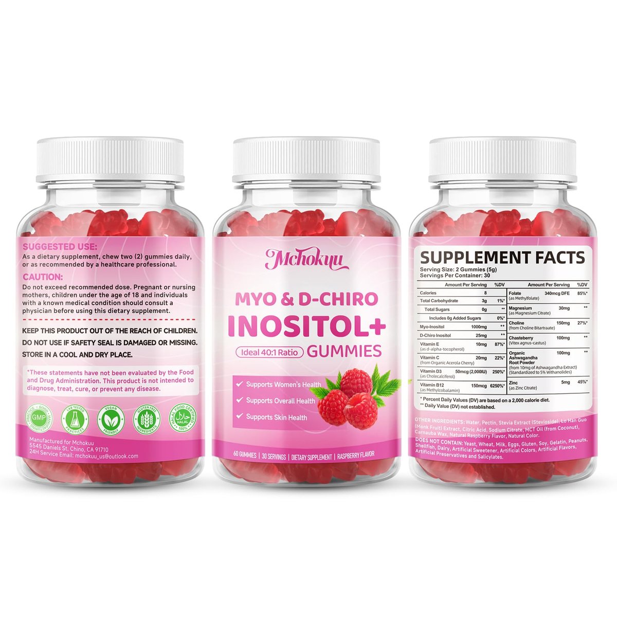 Mchokuu Myo-Inositol & D-Chiro Inositol Gummis, Ideales 40:1 Verhältnis für Frauen, mit Vitamin D3 & B12 zur Unterstützung des Hormonhaushalts und Wohlbefindens, Zuckerfrei, Himbeere, 60 Stück