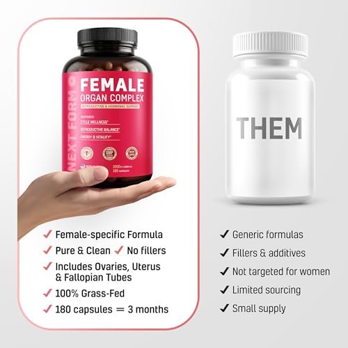 Next Form Rinderorgan-Komplex für Frauen 6-in-1 Hormonbalance & Energie - 100% Weidehaltung & Grasfütterung - Rinderleber, Niere, Herz, Milz, Bauchspeicheldrüse und mehr - 180 Kapseln