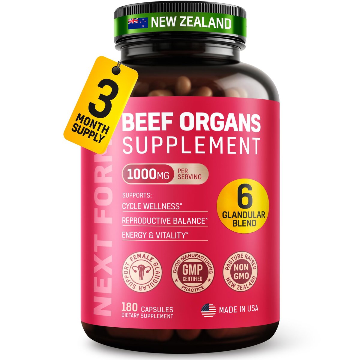 Next Form Rinderorgan-Komplex für Frauen 6-in-1 Hormonbalance & Energie - 100% Weidehaltung & Grasfütterung - Rinderleber, Niere, Herz, Milz, Bauchspeicheldrüse und mehr - 180 Kapseln
