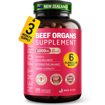 Next Form Rinderorgan-Komplex für Frauen 6-in-1 Hormonbalance & Energie - 100% Weidehaltung & Grasfütterung - Rinderleber, Niere, Herz, Milz, Bauchspeicheldrüse und mehr - 180 Kapseln