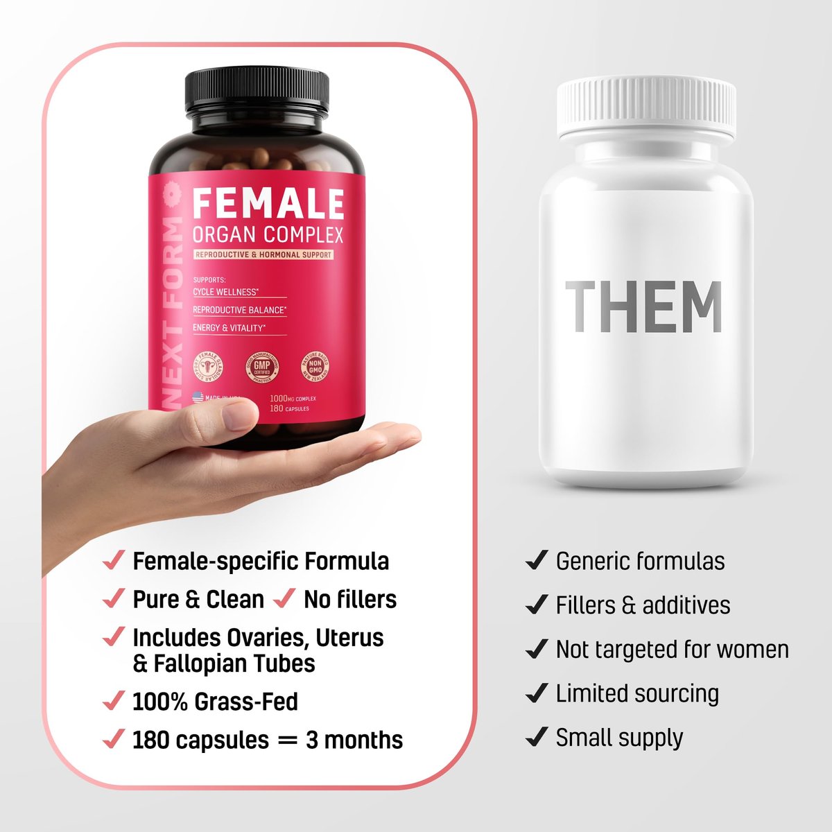 Next Form Rinderorgan-Komplex für Frauen 6-in-1 Hormonbalance & Energie - 100% Weidehaltung & Grasfütterung - Rinderleber, Niere, Herz, Milz, Bauchspeicheldrüse und mehr - 180 Kapseln