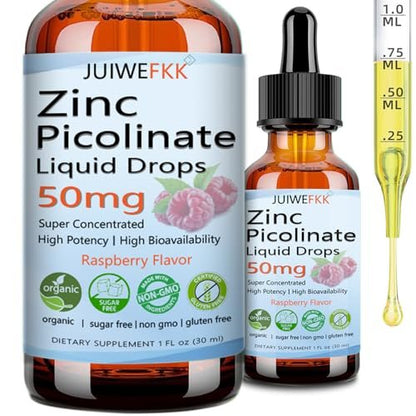 Zink Picolinat 50 mg flüssige Tropfen – Chelat-Zinkpräparat für Männer, Frauen, Kinder – Immun-, Haut- und Augengesundheit – Himbeergeschmack – Vegan, Nicht-GVO, Glutenfrei – 30 Portionen