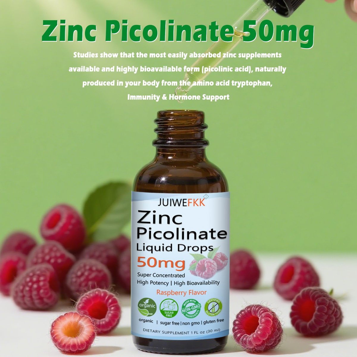 Zink Picolinat 50 mg flüssige Tropfen – Chelat-Zinkpräparat für Männer, Frauen, Kinder – Immun-, Haut- und Augengesundheit – Himbeergeschmack – Vegan, Nicht-GVO, Glutenfrei – 30 Portionen