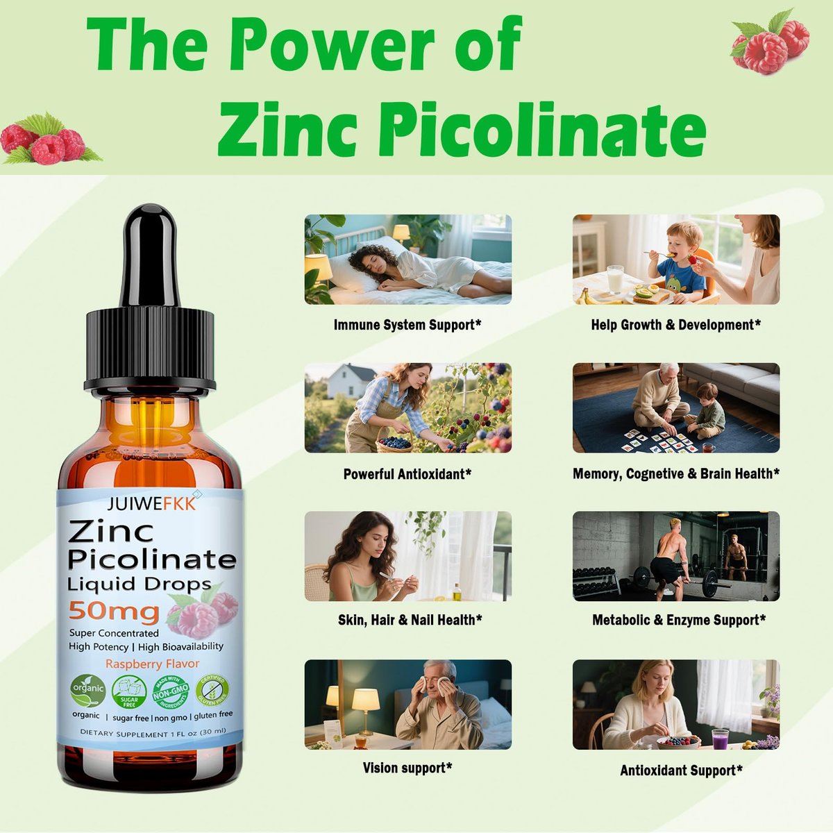 Zink Picolinat 50 mg flüssige Tropfen – Chelat-Zinkpräparat für Männer, Frauen, Kinder – Immun-, Haut- und Augengesundheit – Himbeergeschmack – Vegan, Nicht-GVO, Glutenfrei – 30 Portionen