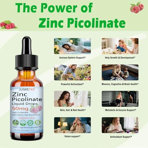 Zink Picolinat 50 mg flüssige Tropfen – Chelat-Zinkpräparat für Männer, Frauen, Kinder – Immun-, Haut- und Augengesundheit – Himbeergeschmack – Vegan, Nicht-GVO, Glutenfrei – 30 Portionen