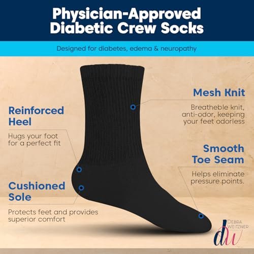 Debra Weitzner Große und Hohe Diabetikersocken für Herren Größe 13-15 Baumwolle Lockere Passform Crew Socken – 4 Paar