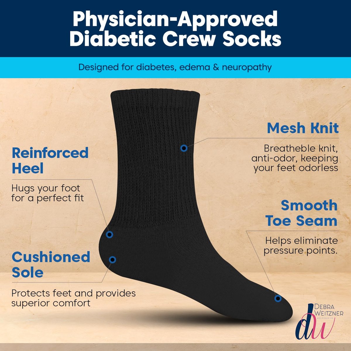 Debra Weitzner Große und Hohe Diabetikersocken für Herren Größe 13-15 Baumwolle Lockere Passform Crew Socken – 4 Paar