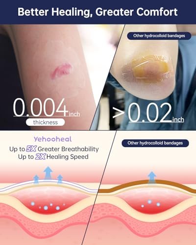 yehooheal Hydrokolloid Wundauflage – 0,004 Zoll ultradünne Zweite Haut, wasserdicht, schnelle Heilung, weniger Narben, hält 7 Tage, für Outdoor-Erste Hilfe (HSA FSA geeignet)