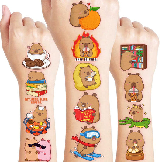 96 Stück lustige Capybara Capy vorgestanzte temporäre Tattoos für Kinder | Super süße Mottoparty-Geschenke, -Zubehör, -Dekorationen, Tier-Fake-Tattoo-Aufkleber, Schulbelohnungen, Preise & Geschenke für Jungen & Mädchen