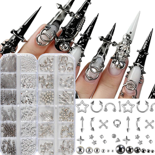 3D Metal Punk Bullet Nagelkunst Nieten – Silber Schwarz Nagelcharm Alloy Gothic Stars Studs Spikes Beads Stahlkugeln Rock Mini Flat Back Y2K Nagelstuds Nagelsteine Nagelbedarf Dekoration