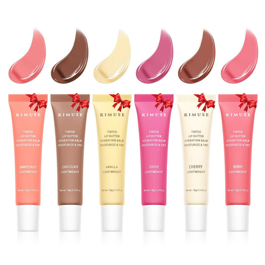 KIMUSE 6er Set Tinted Lip Butter Hydration Balm – 6 Geschmacksrichtungen mit Hyaluronsäure & Vitamin E, feuchtigkeitsspendender Lippenglanz, nicht klebrig, vegane Lippenpflege für trockene Lippen & den täglichen Gebrauch