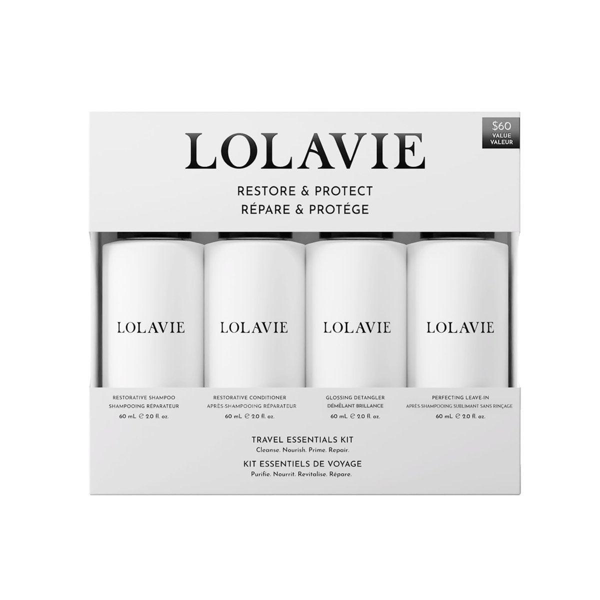 LolaVie Restore & Protect Travel Kit – TSA-zugelassenes Shampoo, Conditioner, Entwirrer & Leave-In – Vegan, tierversuchsfrei, farbsicher – für alle Haartypen