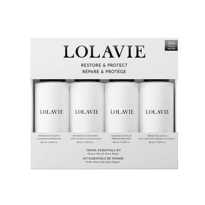 LolaVie Restore & Protect Travel Kit – TSA-zugelassenes Shampoo, Conditioner, Entwirrer & Leave-In – Vegan, tierversuchsfrei, farbsicher – für alle Haartypen